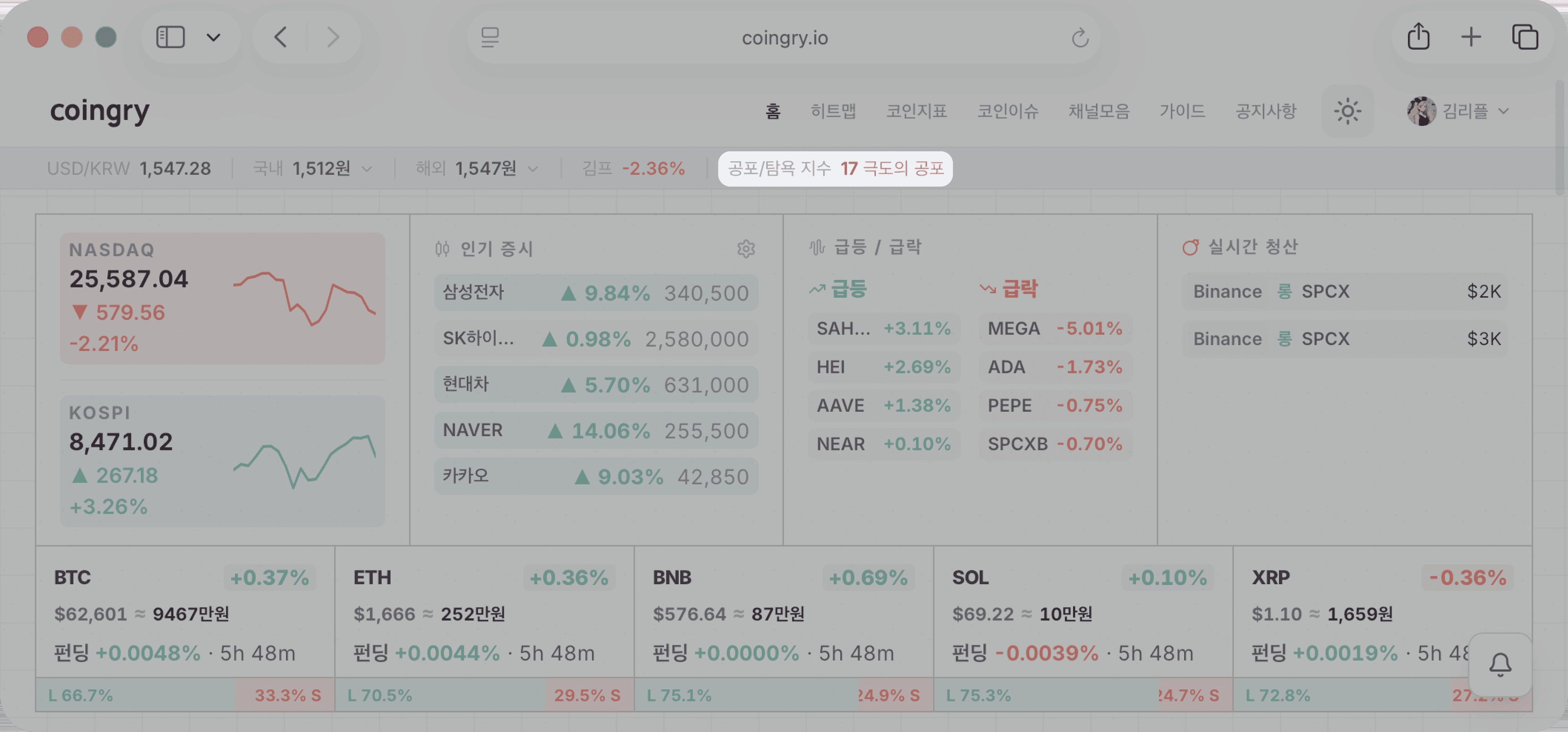 공포탐욕지수 상단 시장 정보 바의 공포탐욕지수